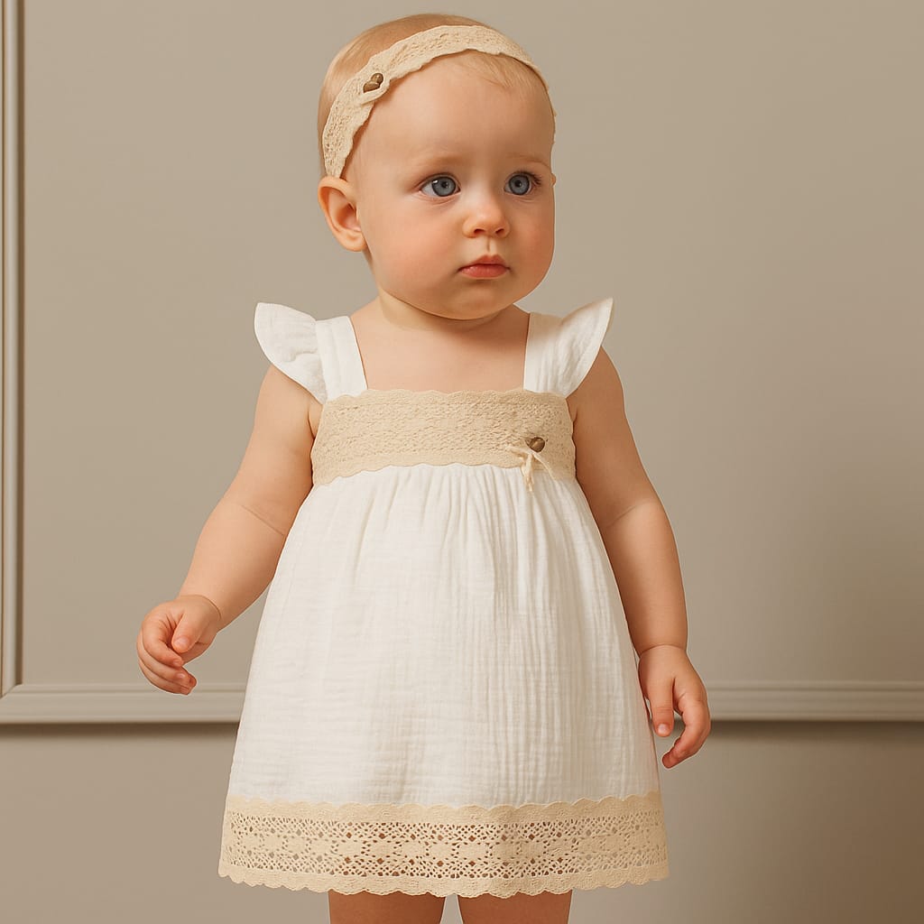 Baby Mädchen Musselin Trägerkleid mit Spitze und Stirnband-3535