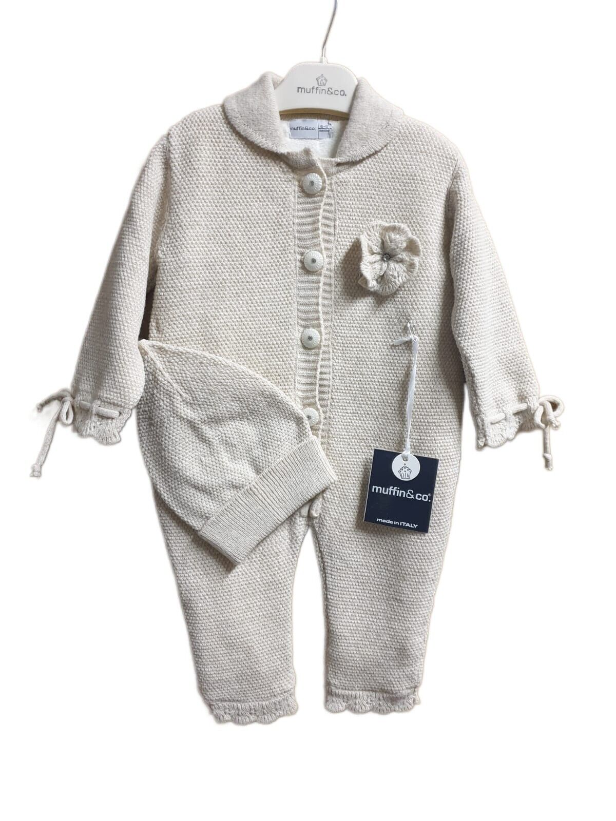 Baby Winter Jumpsuit Strick Overall Outfit mit Mütze Gr.62 68 Beige Wollmischung