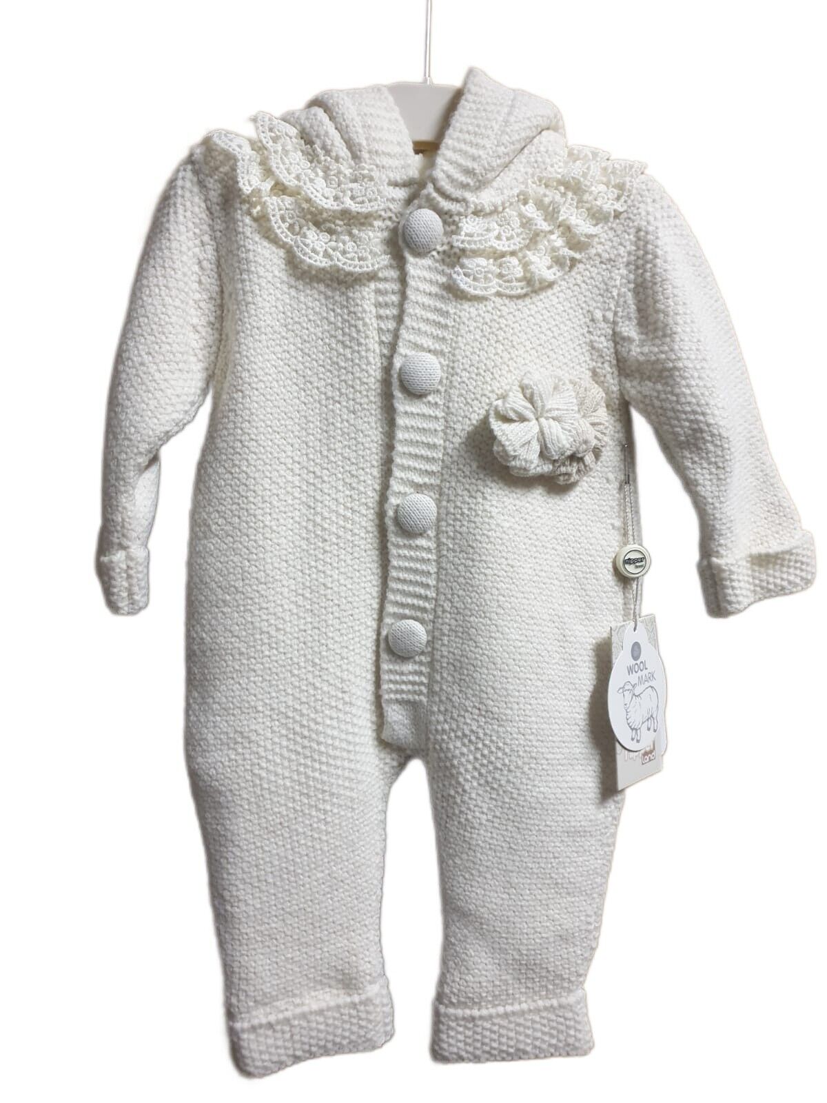 Baby Winter Jumpsuit Strick Overall Outfit mit kapuze Gr. 62 68 Knitted Creme
