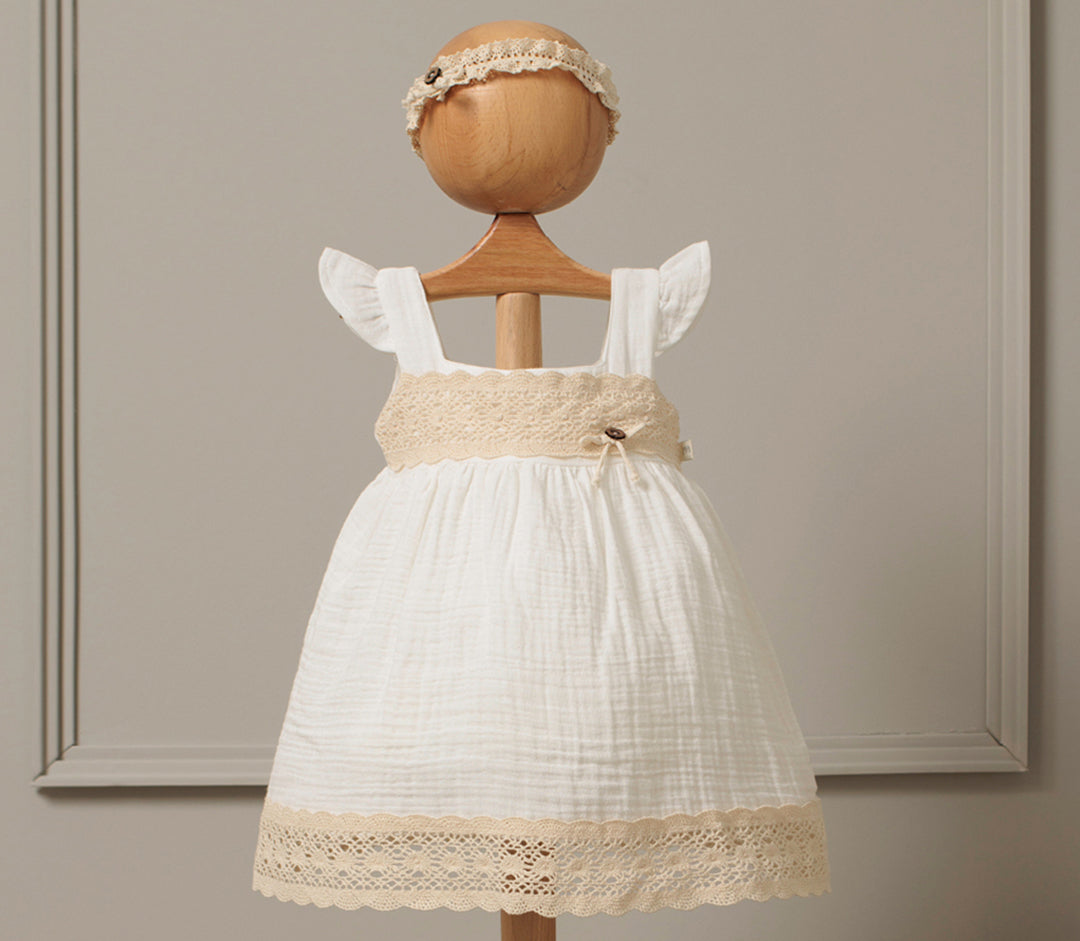 Robe chasuble en mousseline bébé fille avec dentelle et bandeau - 3535