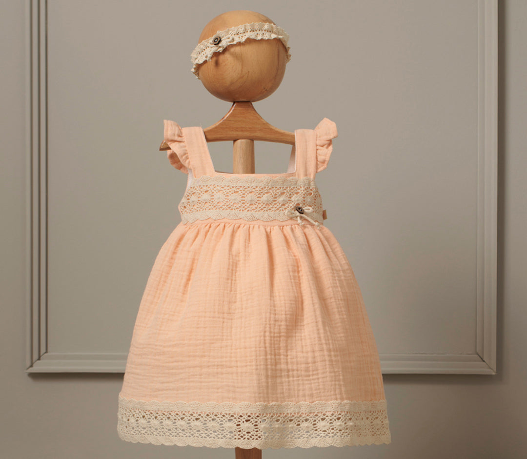 Muslin pinafore dress with lace and headband - 3535