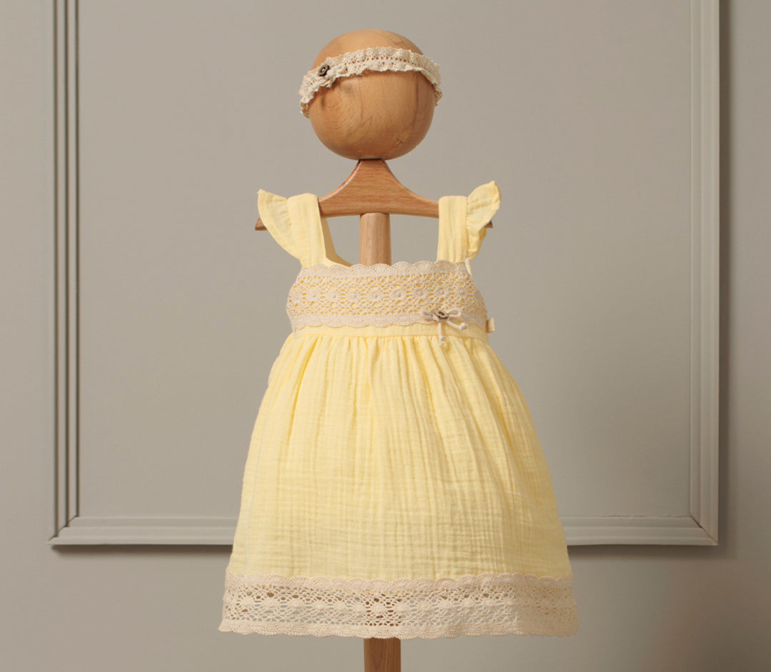Muslin pinafore dress with lace and headband - 3535