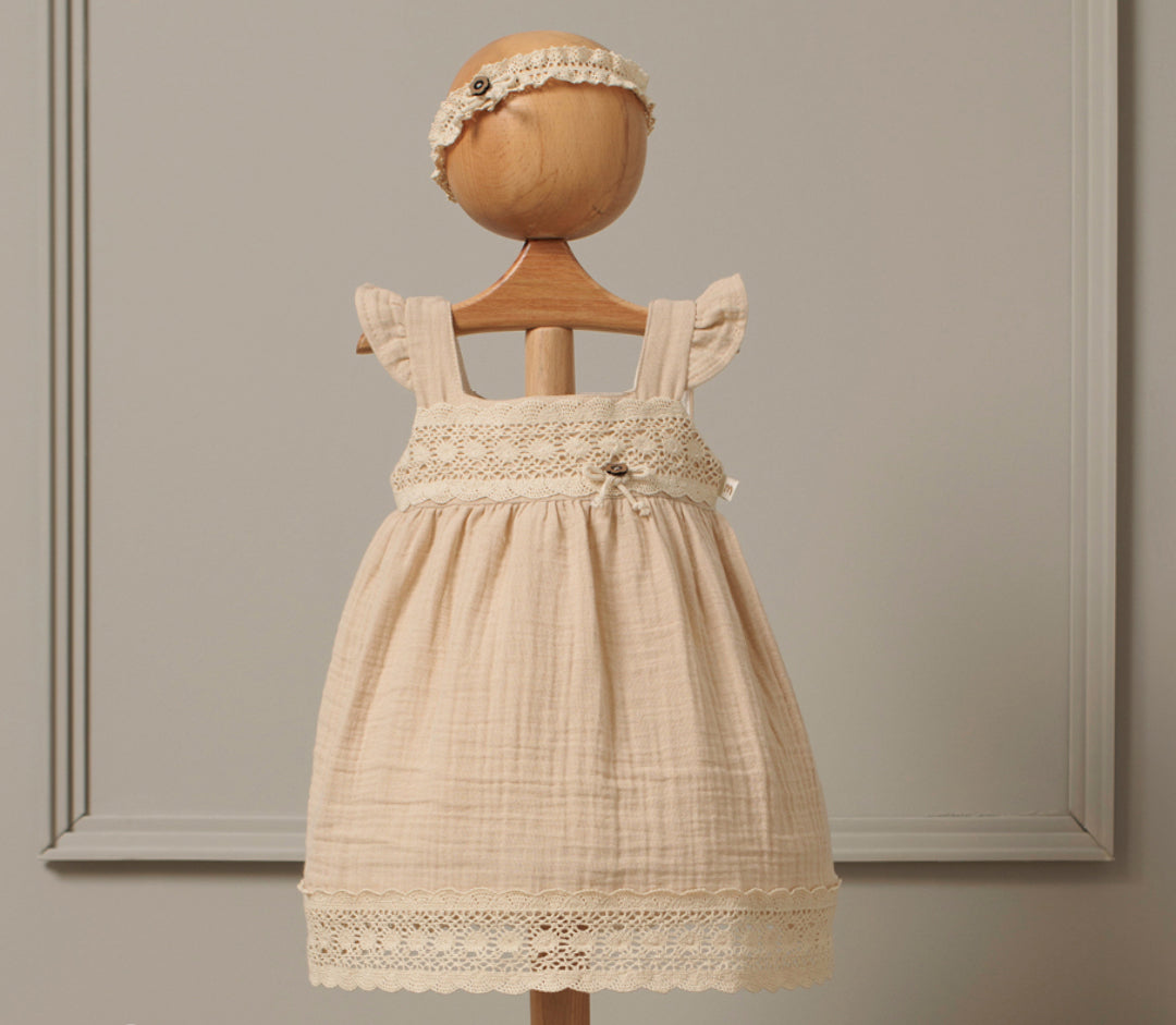 Robe chasuble en mousseline bébé fille avec dentelle et bandeau - 3535