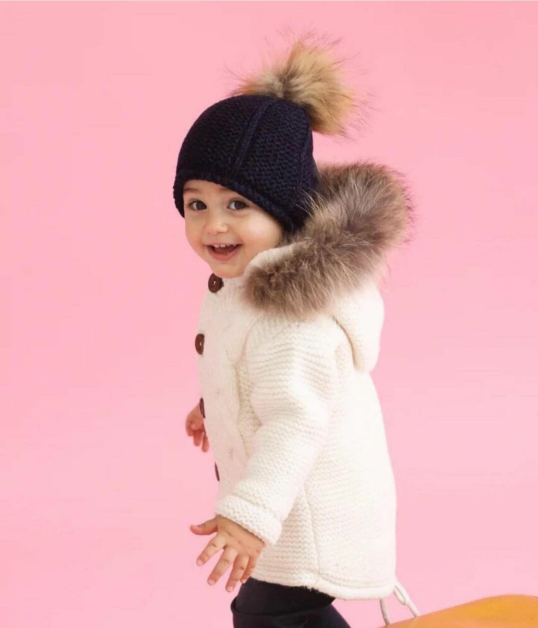 Gefütterte Strickjacke mit Kapuzenfell für Mädchen und Junge -6600.